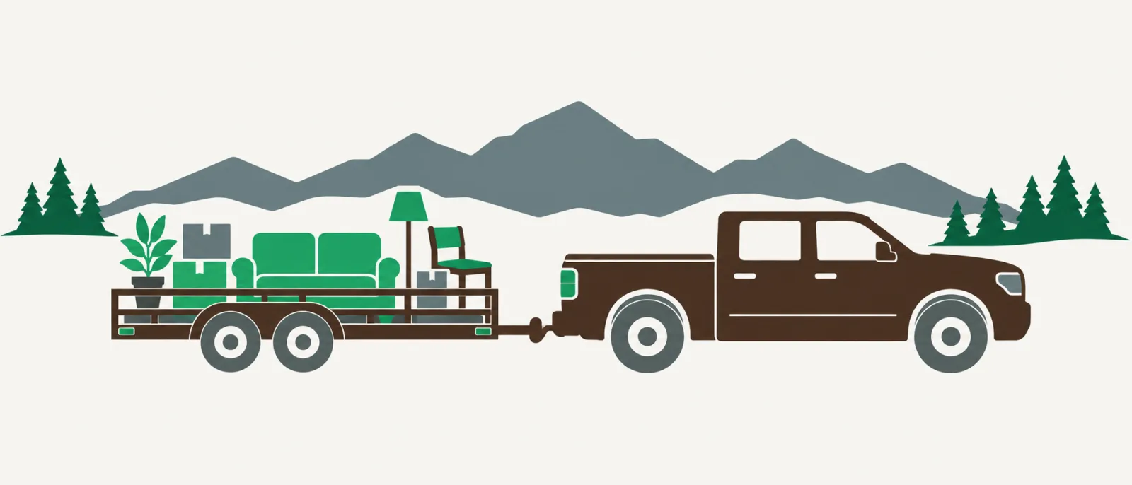 Illustration of a pickup truck and utility trailer loaded with household items