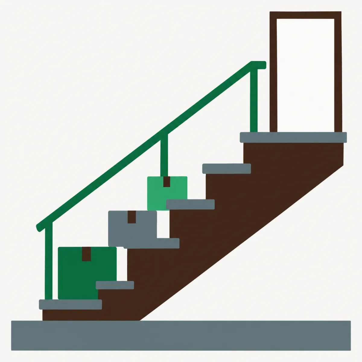 Illustration of boxes being carried up basement stairs toward daylight