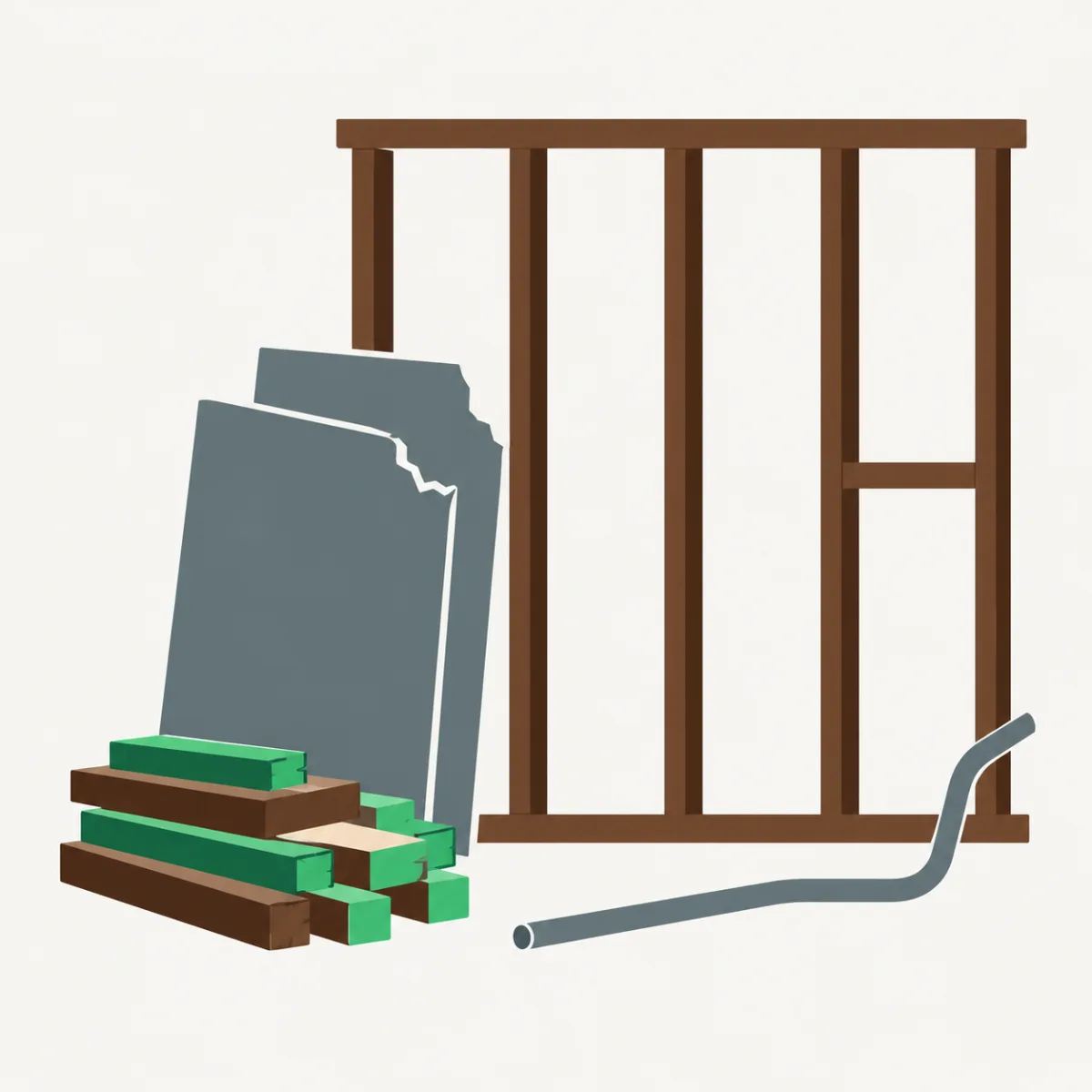 Illustration of lumber offcuts and broken drywall beside a framed wall