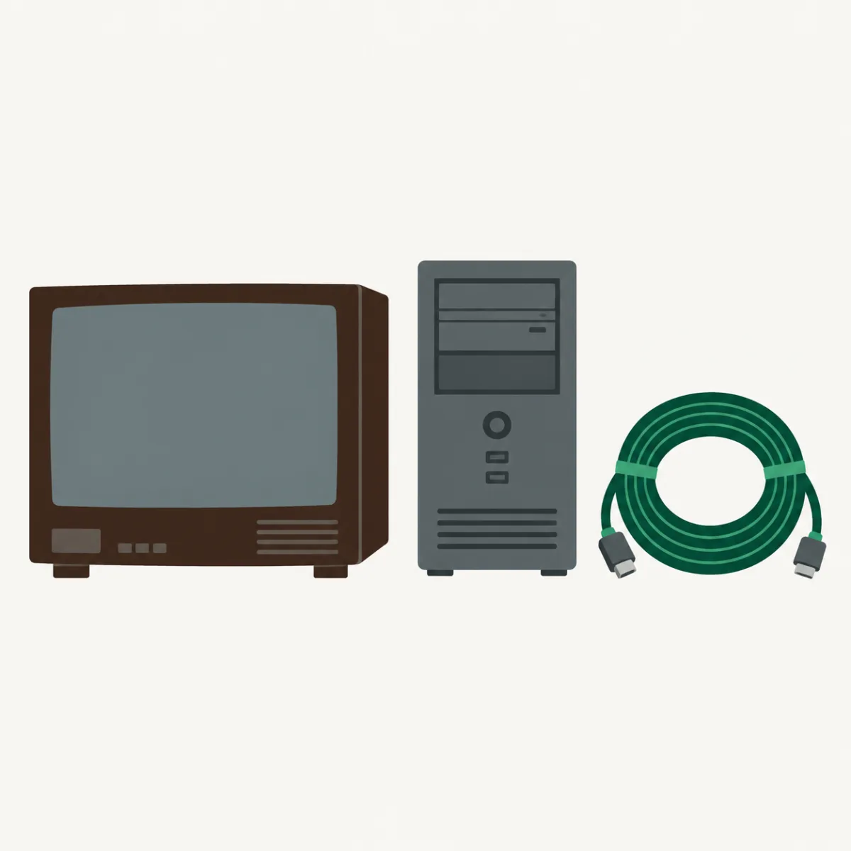 Illustration of an old television, a desktop tower and coiled cables in a row