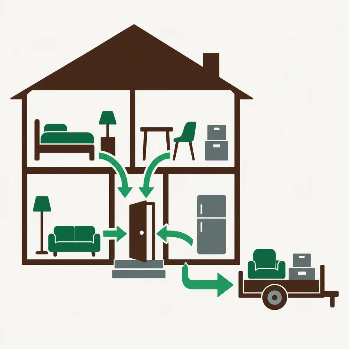 Illustration of a house in cross section with items flowing out to a trailer